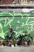 Bicycle decorated with plants in front of wall covered in graffiti in city setting