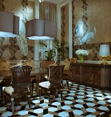 Antique chairs around table under pendant lamps in elegant interior with geometric tiled floor