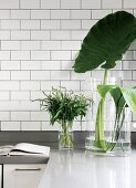 Leaves and flowers in glass vases of various sizes on worksurface below white tiled wall