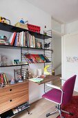 Retro String shelving with integrated desk and desk chair with purple cover