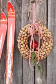 Wreath of walnuts, cypress tree fruits and gingham ribbon on board wall next to red skis