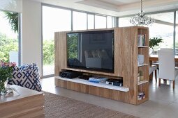 Free-standing wooden cabinet with integrated flatscreen TV used as partition in front of lounge area in open-plan interior with glass wall