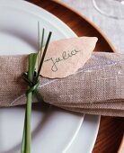 Linen napkin with wooden name tag