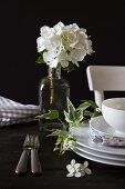 Weisses Geschirr mit Efeuzweig und weiße Hortensie in Vintage Glasflasche vor dunklem Hintergrund