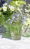Arrangement of various spring flowers in glass vessels