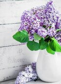 Bouquet of lilac in white jug against wooden wall