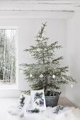 Weihnachtsbaum in Zinkwanne mit weißen Geschenken