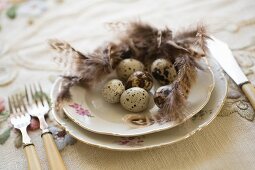 Quail eggs and feathers on floral gold-rimmed plate and vintage cutlery