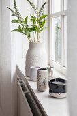 Vase of flowering twigs and various ceramic vessels on windowsill