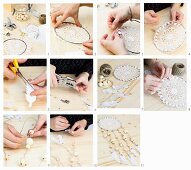 Instructions for making a dreamcatcher from crocheted doily and wooden beads