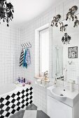 White bathroom with chequered patterns
