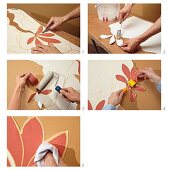 Instructions for cutting out sections of floral wallpaper along flower contours and applying to beige wall