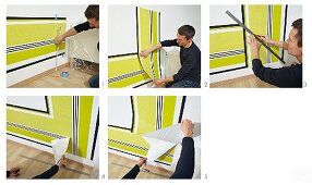 Instructions for decorating wall with horizontal and vertical strips of wallpaper