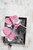 Hand-made gift tag, pink felt butterflies and purple flowers on black vintage picture frame