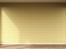 Empty room with retro wallpaper and wooden floor; 3D rendering