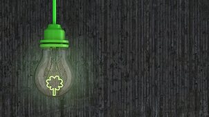 Light bulb with green tree-shaped filament in front of concrete wall; 3D rendering
