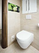 A white toilet under a built-in cupboard and photo art on a tiled wall