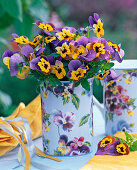 Bouquet of purple-yellow Viola cornuta in mug cup