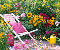 Folding deck chair on the flowering bed with Rudbeckia fulgida and hirta