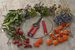 Wreath with lantern flowers, rosehips and olive branches