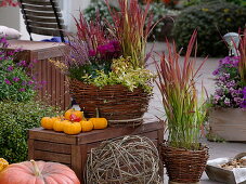 Homemade wicker baskets with autumnal planting