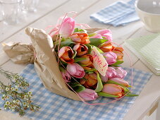 Bouquet made of tulipa (tulip), orange and pink mixed