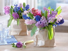 Colorful mixed bouquets of Hyacinthus (hyacinth) in paper bags