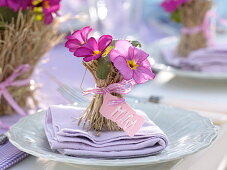Table decoration with cushion primroses in hay coat
