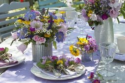 Summer table decoration with Rose, scabiosa, campanula