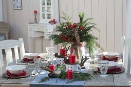 Christmas table decoration with bouquet of Ilex, Pinus