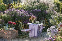 Colorful cottage's garden bouquet on the table at the aster bed