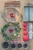 Ingredients board for fast Advent wreath with preserving jars