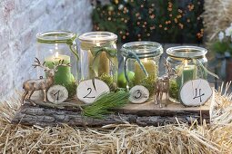 Adventskranz aus Einmachgläsern mit Moos und grünen Kerzen