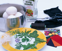 Eggs with leaf pattern-ingredients-various leaves, egg color, nylon stocking,