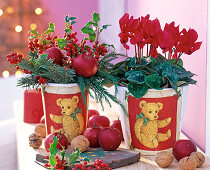 Pots, Christmas decorated with decoupage technique