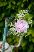 Old garden chair decorated with peony and chervil flowers