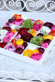 Various ranunculus flowers arranged in white display case