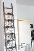 Advent calendar made from larch branches tied to wooden ladder in kitchen