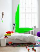 White bedroom with neon green details