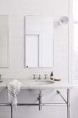 Marble vanity on metal frame with two sinks