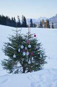 Tannenbaum mit DIY-Weihnachtsschmuck im Schnee