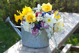 Colorful spring bouquet in Zinc Watering Can Narcissus, Spiraea