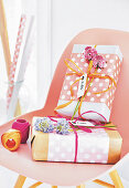Presents wrapped in polka dot wrapping paper