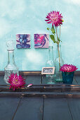Dahlias in glass bottle and in glass