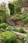 Stone steps leading to thatched house in May garden (East Frisia, northern Germany)