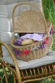Picnic basket with border of crocheted bows