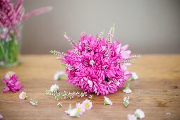 Flower ball made from chrysanthemums and heather