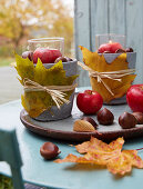 DIY lanterns with autumnal leaves, chestnuts and apples