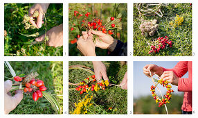 Tying a wreath of rose hips and yellow flowers