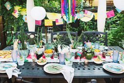 Potted succulents on table set in bright colours for Mexican party